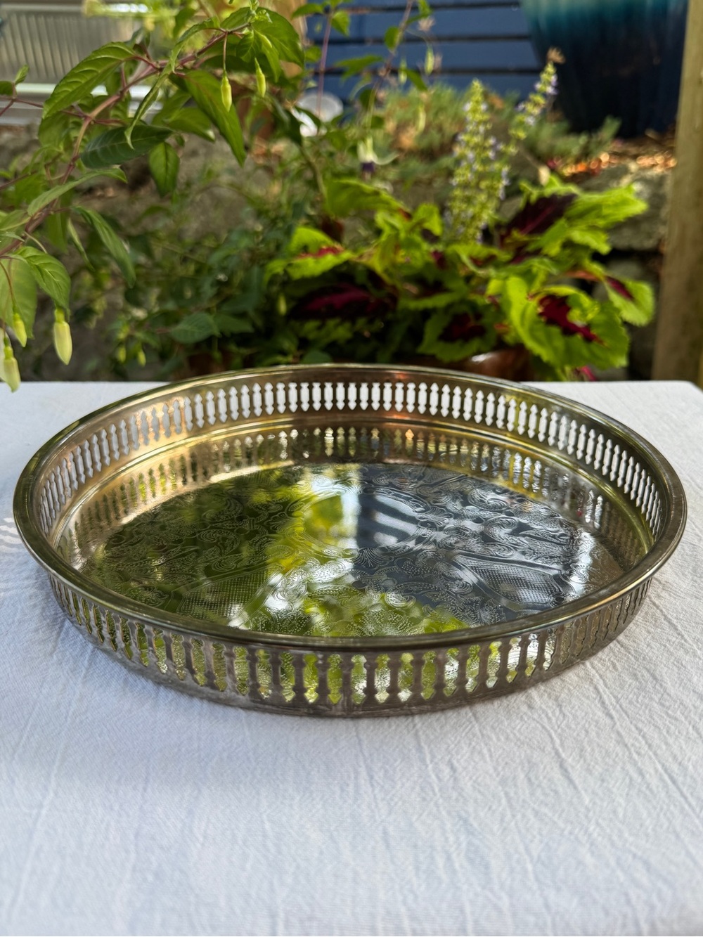 Vintage Silverplate Round Gallery Tray Pierced Rim 10.5”